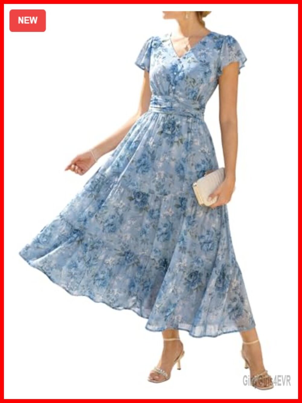 Women's Floral Maxi Dress V-Neck Ruffle Sleeve Wedding Guest